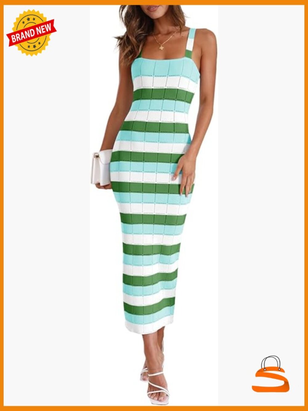 Striped Bodycon Midi Dress Square Neck Sleeveless Knit Summer Tank